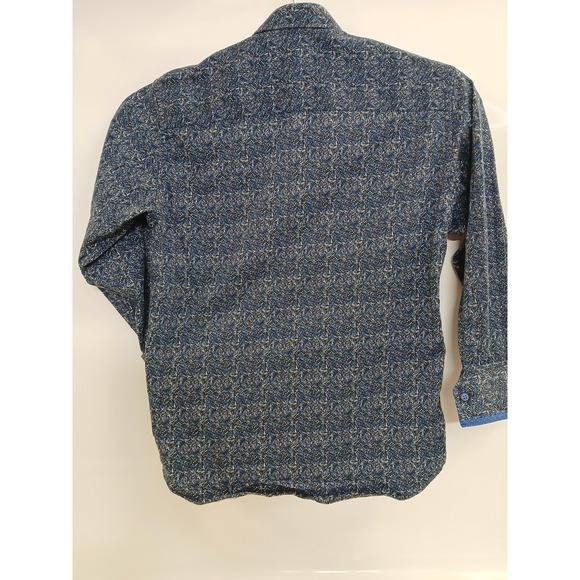 Misura Shirt Mens Small Blue‎ Black Music Notes Print Button Up Cotton Stretch - Picture 4 of 8